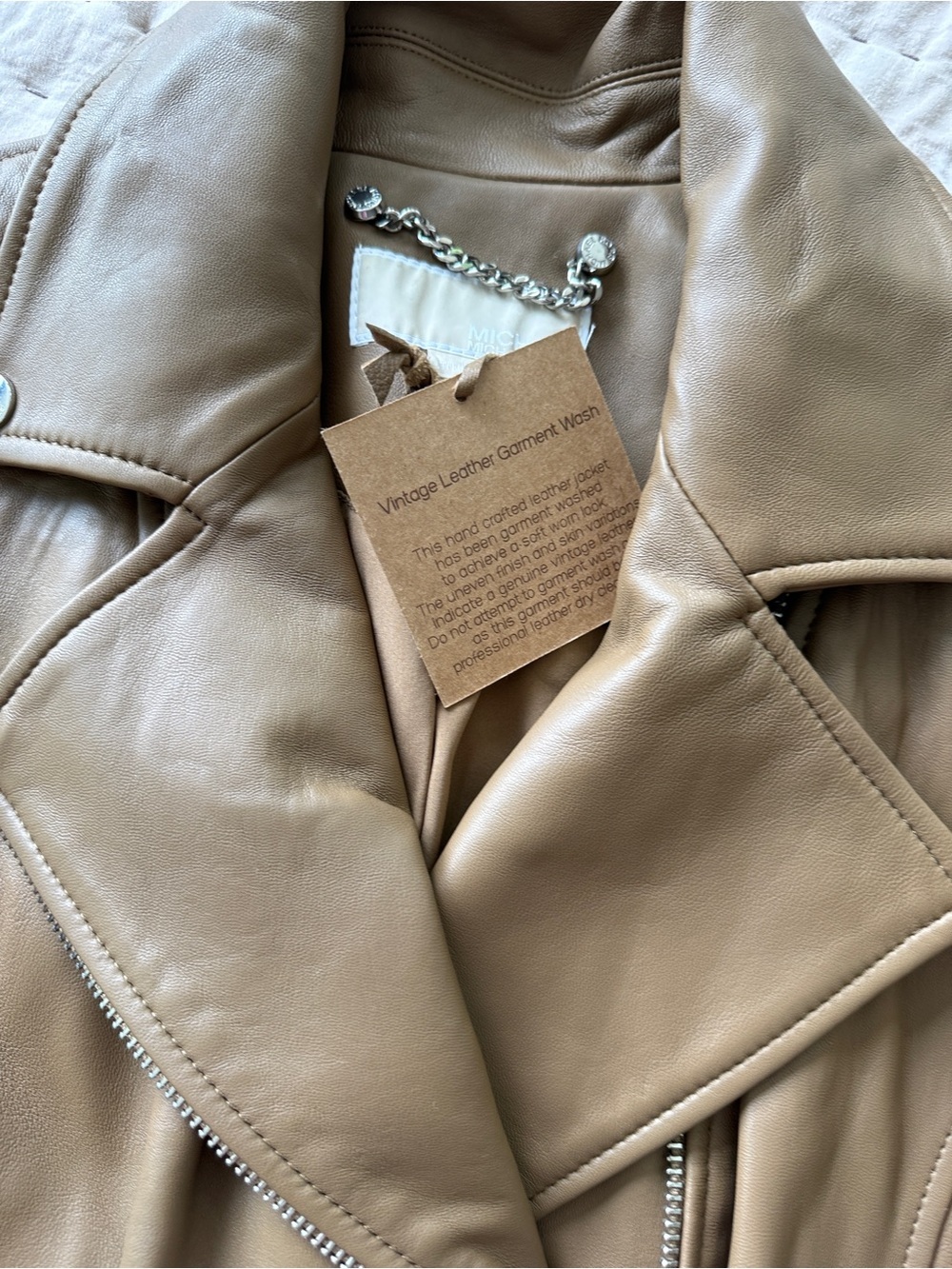 Michael Kors Women's Belted Leather Moto Coat Husk L NWT $480 - Picture 6 of 16
